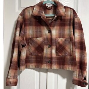 For the Republic Womens Cropped Plaid Shacket Rust Brown Fleece Jacket Size M